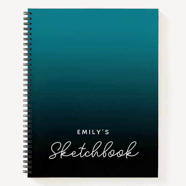 Teal Black Ombre Personalised Sketchbook Notebook (Front)