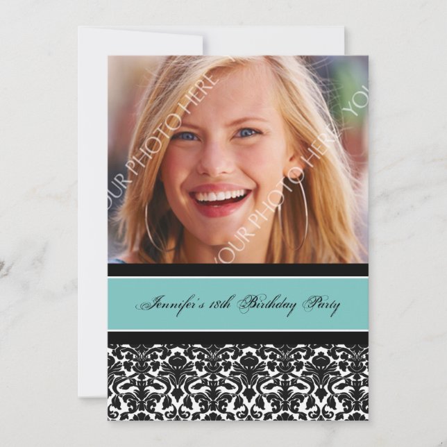 Teal Black Photo 18th Birthday Party Invitations (Front)