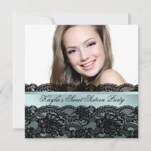 Teal Black Photo Sweet Sixteen Birthday Party Invitation