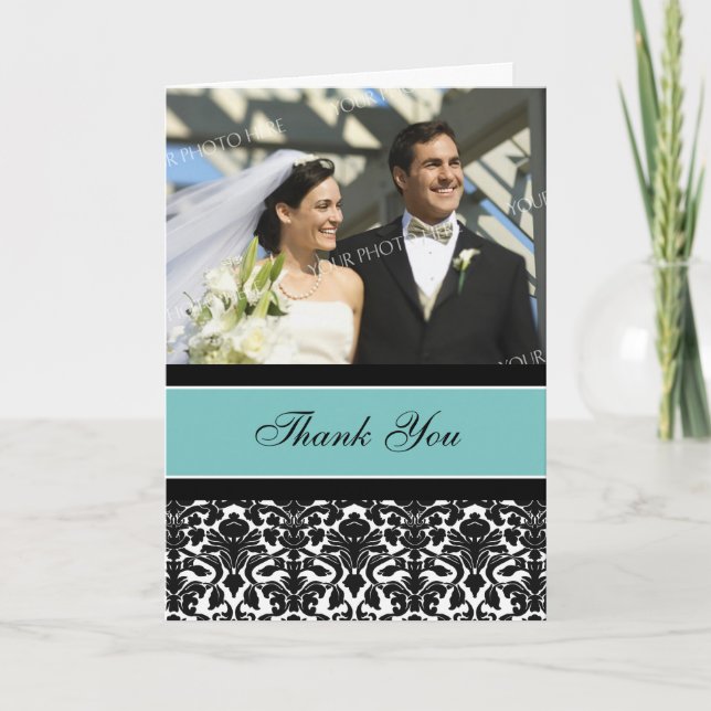 Teal Black Photo Wedding Thank You Card (Front)