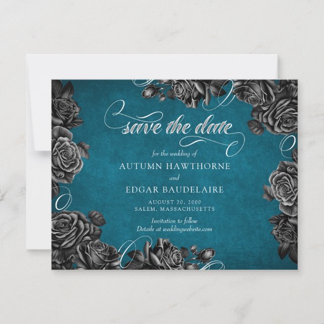Teal Black Roses Wedding Save The Date (Front)
