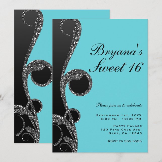 Teal & Black Silver Glitter Swirl Sweet 16 Party Invitation (Front/Back)