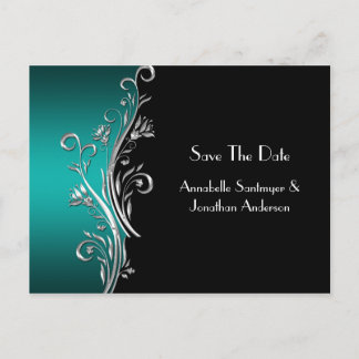 Teal Black Silver Swirls Save The Date Announcement Postcard
