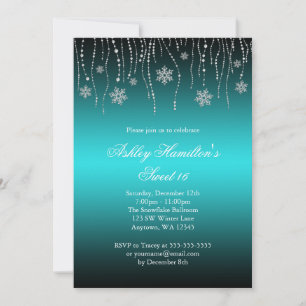 Teal Black Snowflakes Sweet 16 Winter Wonderland Invitation