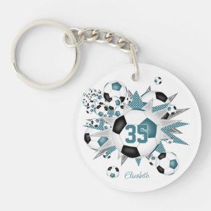 Teal black soccer ball blowout girls jersey number key ring