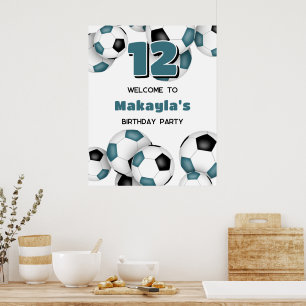 teal black soccer balls girls boys birthday party poster
