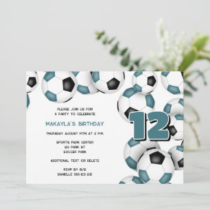 teal black soccer balls kids birthday party invitation