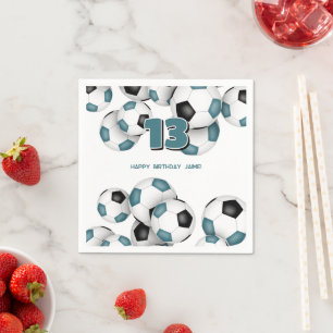 teal black soccer balls kids sports birthday party napkin