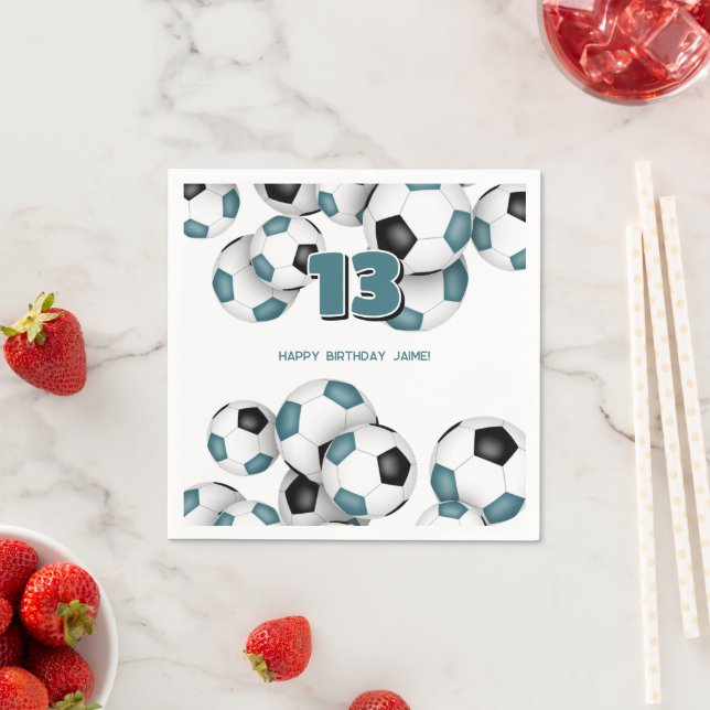 teal black soccer balls kids sports birthday party napkin (Insitu)