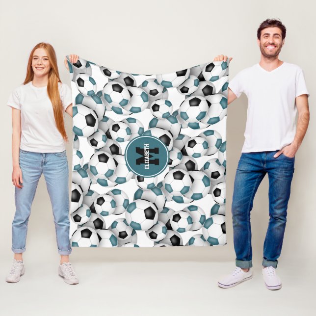 teal black soccer balls pattern monogrammed fleece blanket (In Situ)