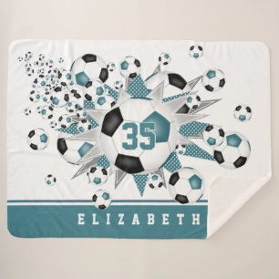 teal black soccer balls stars girls sports room sherpa blanket