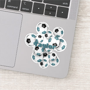 teal black soccer balls sticker with name