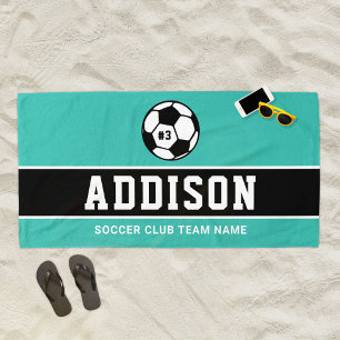Teal Black Soccer Player Custom Name Beach Towel