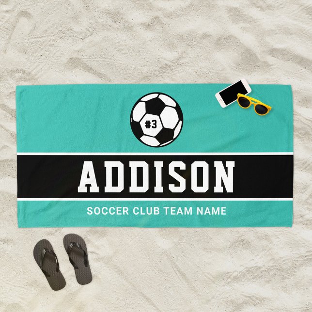 Teal Black Soccer Player Custom Name Beach Towel (Creator Uploaded)