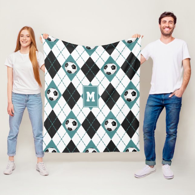 teal black soccer team colours argyle pattern fleece blanket (In Situ)