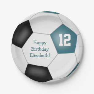 teal black soccer themed birthday party paper plate