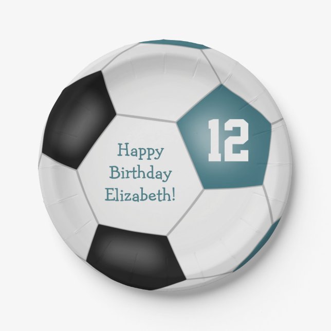 teal black soccer themed birthday party paper plate (Front)