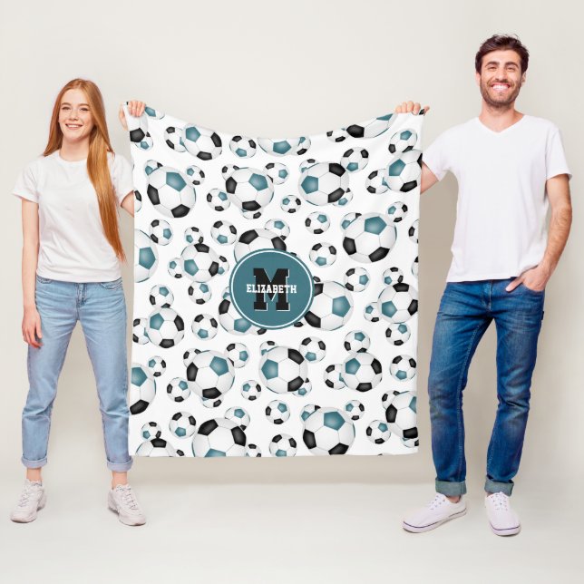 teal black team colours girls boys soccer balls fleece blanket (In Situ)