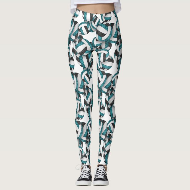 Teal black team colours girly volleyballs pattern leggings (Front)