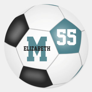 teal black team colours soccer ball personalised classic round sticker