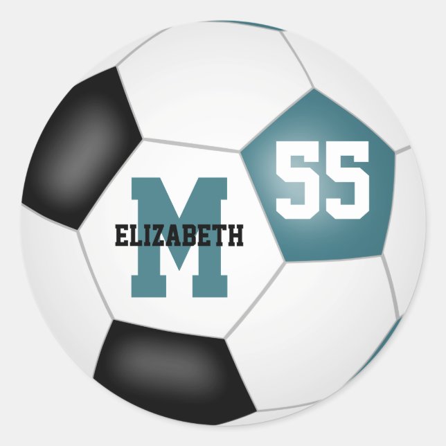 teal black team colours soccer ball personalised classic round sticker (Front)