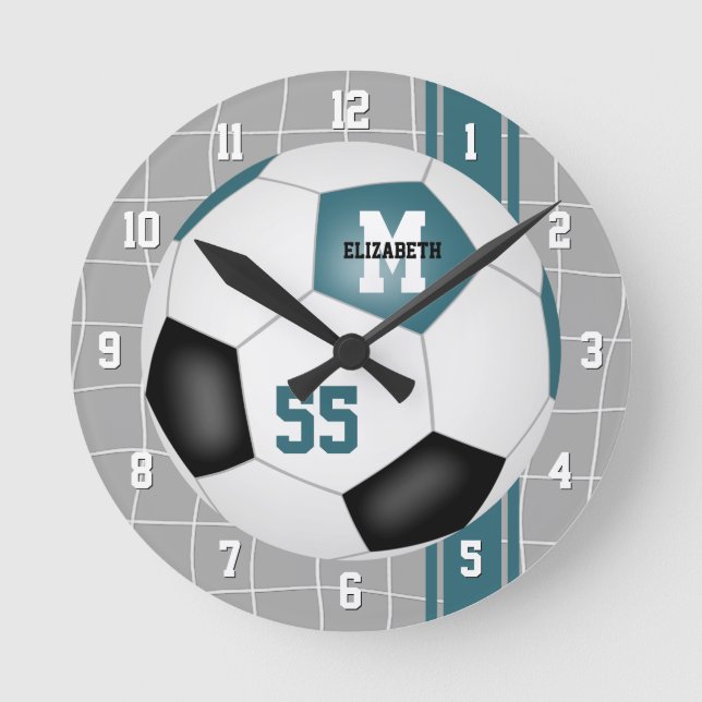 teal black team colours varsity stripes soccer round clock (Front)