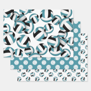 teal black team colours volleyballs set of 3 wrapping paper sheet