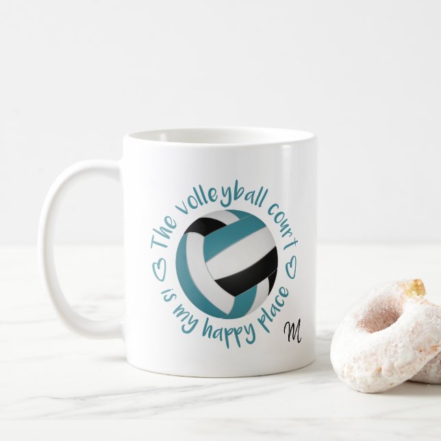 teal black volleyball court is my happy place coffee mug (With Donut)