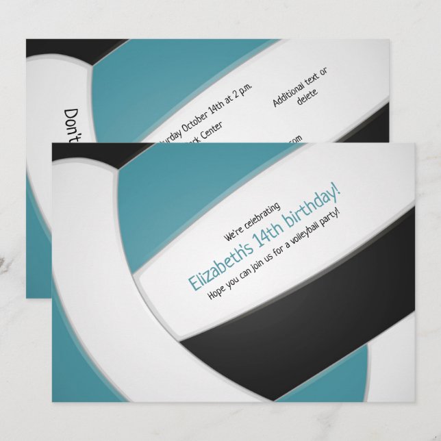 teal black volleyball girls birthday party invitation (Front/Back)