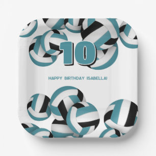 teal black volleyballs kids birthday party paper plate