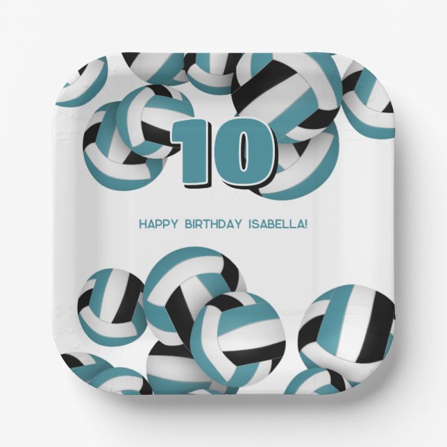 teal black volleyballs kids birthday party paper plate (Front)