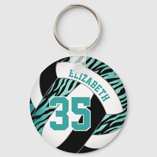 teal black w zebra stripes accent girls volleyball key ring (Front)