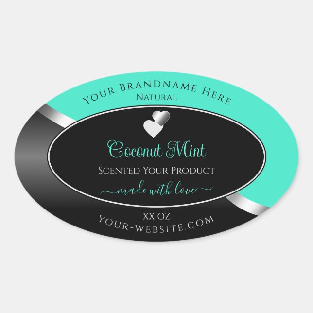 Teal Black Wavy Silver Cute Hearts Product Labels (Front)