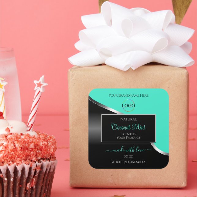 Teal Black Wavy Silver with Logo Product Labels (Party)