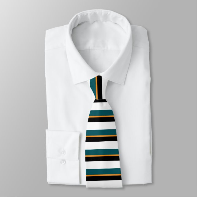 Teal Black White and Gold Horizontally-Striped Tie (Tied)