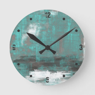 Teal Black White Grey abstract Round Clock