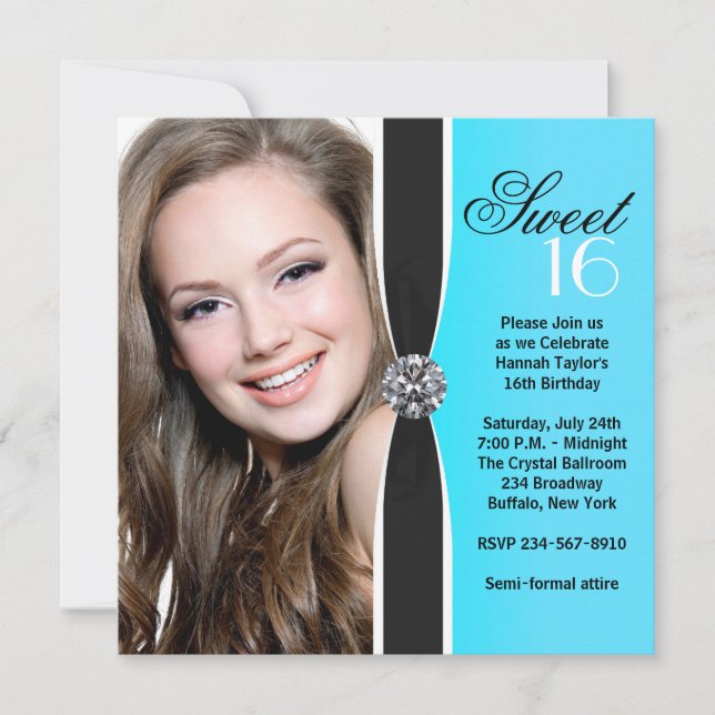 Teal Black White Photo Sweet 16 Birthday Party Invitation (Front)