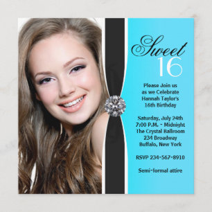 Teal Black White Photo Sweet 16 Birthday Party Invitation