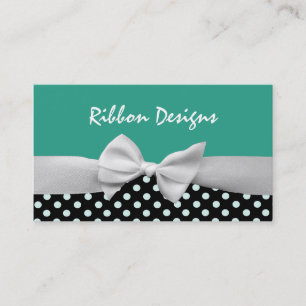 Teal, black & white ribbon bow and polka dots business card