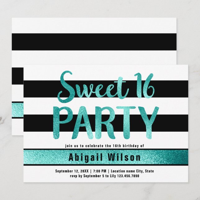 Teal black white sweet sixteen birthday party invitation (Front/Back)