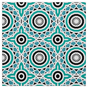 Teal Black & White Tribal Ethnic Geometric Pattern Fabric