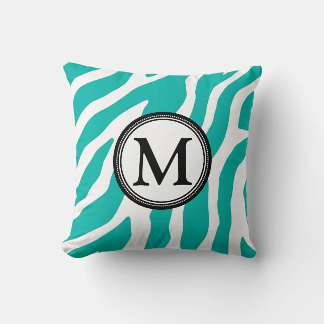 Teal Black Zebra Monogram Decorative Pillow (Front)