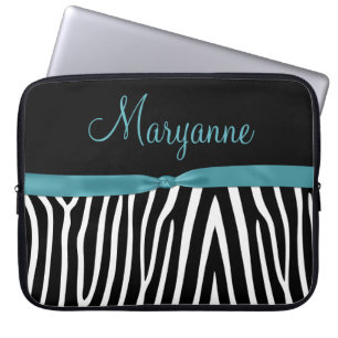 Teal Black Zebra Teal Ribbon Monogram Laptop Sleeve