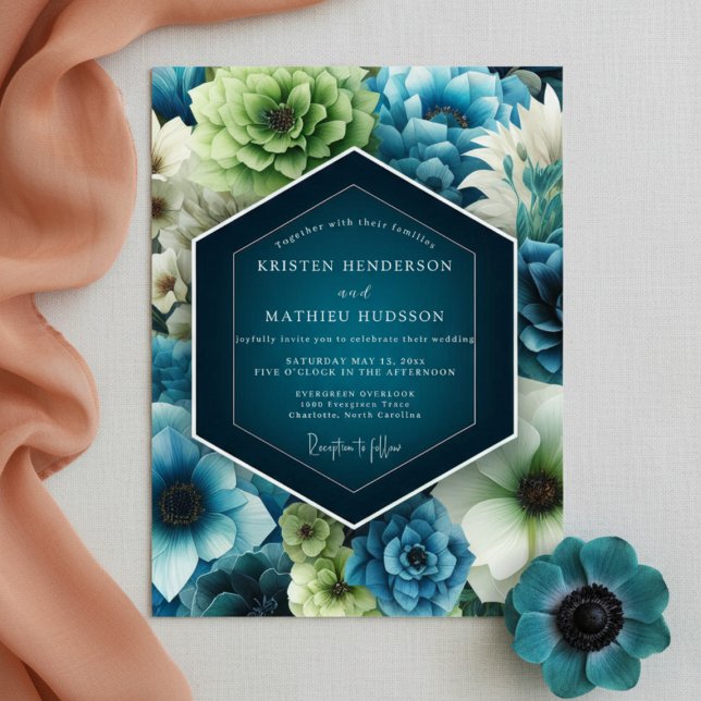 Teal Bloom Floral Romance Wedding Invitation (Creator Uploaded)