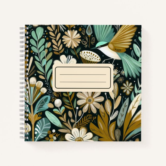 Teal Bloom Notebook – Decorative Folk Birds (Front)
