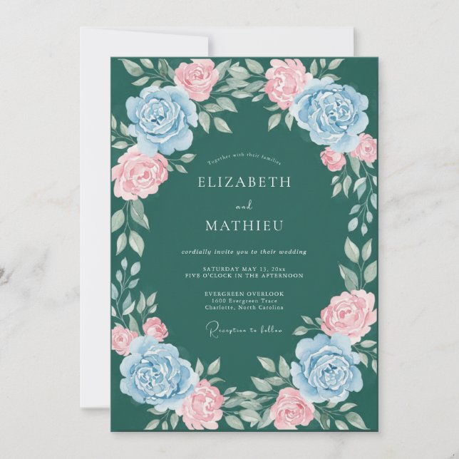 Teal Blooming Arch Flourish Wedding Invitation (Front)