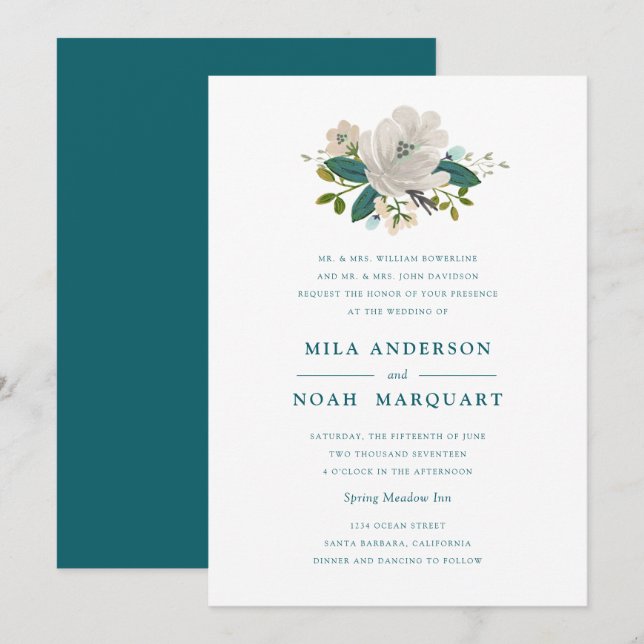 Teal Blooms Wedding Invitation (Front/Back)