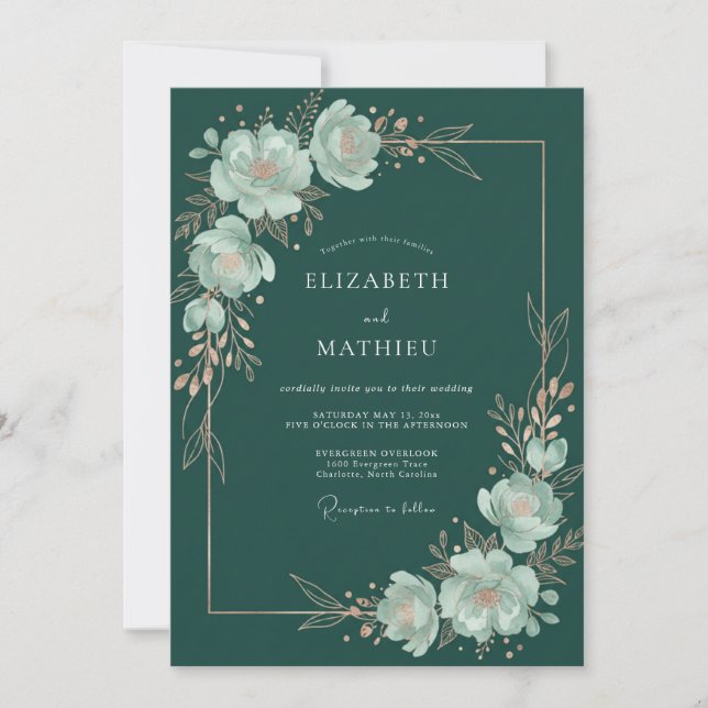 Teal Blossom Botanical Flourish Wedding Invitation (Front)