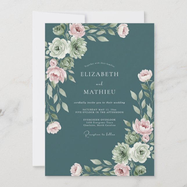 Teal Blossom Lush Arrangement Wedding Invitation (Front)
