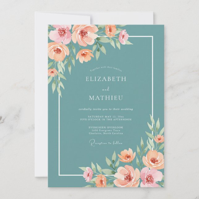 Teal Blossom Painterly Wedding Invitation (Front)